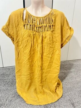 Ashley Stewart Mustard Yellow Short Sleeve Top with Cutout Yoke